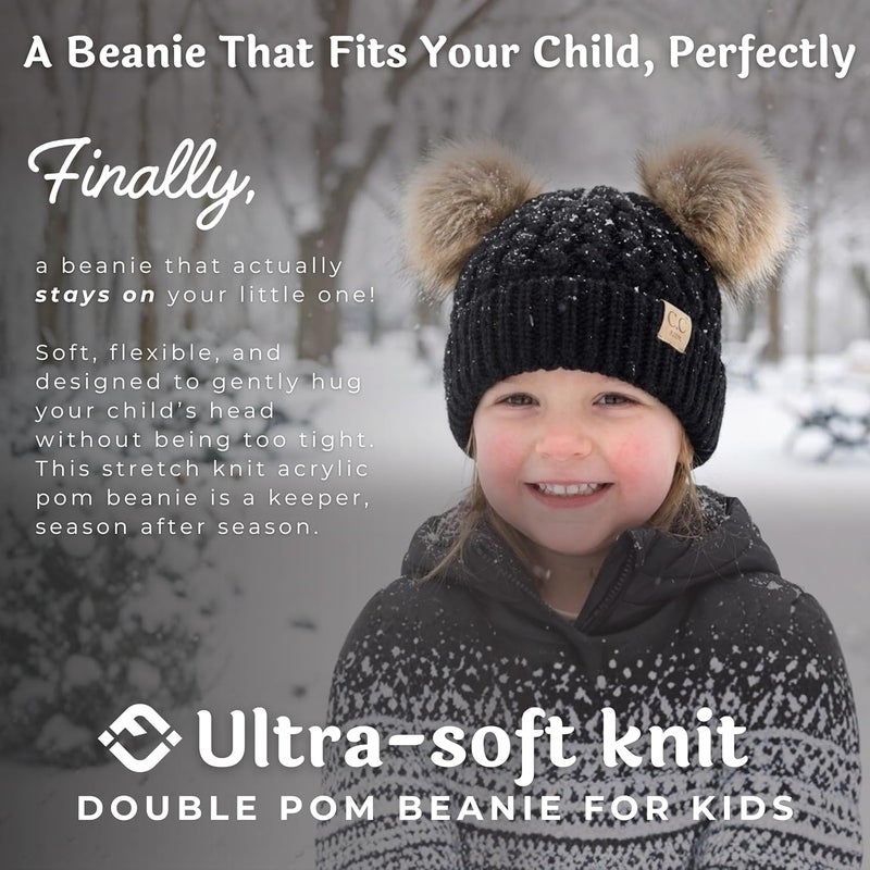 Funky Junque Toddler Double Pom Pom Beanie – Warm Knit Winter Hat for Girls Ages 1–6, Soft Kids Poms Beanies for Cold Weather - Image 2